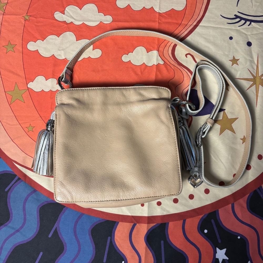 Brighton Tan Leather Crossbody Bag Silver Tassels Metallic Accents Small Travel